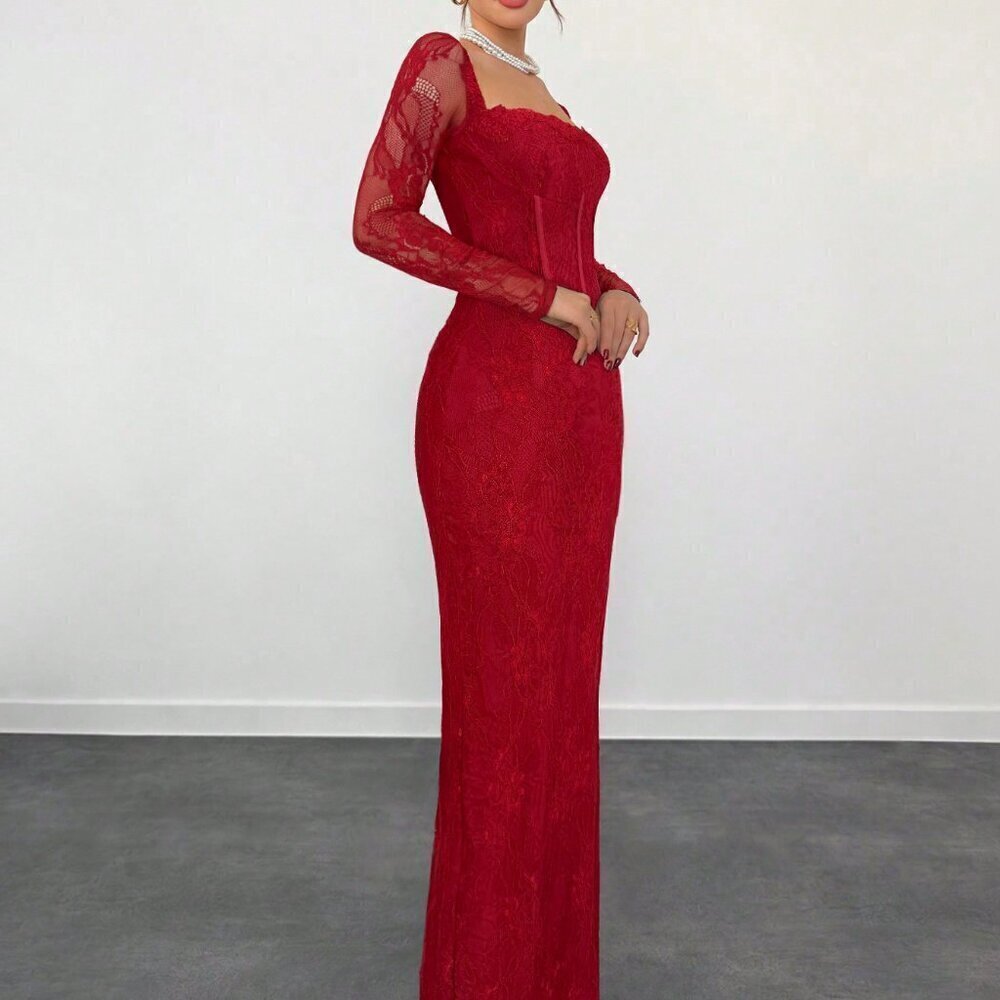 Burgundy Casual Women's Date Night Lace Long Sleeve Square Neck Bodycon Dress - Picture 4 of 7